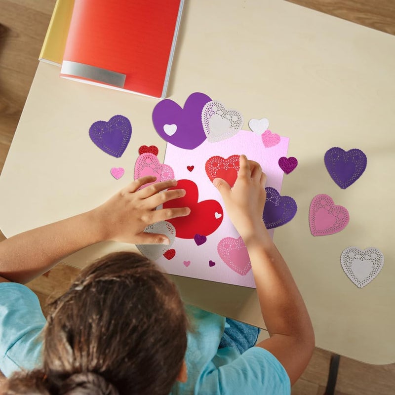 Art Creativity 126+ Pcs Valentine's Day Heart Doilies Card Crafts for Kids - Valentine Day Crafts for Classroom Parties - Valentines Craft Supplies Kits with Heart Doilies and Glitter Foam Stickers - Image 4